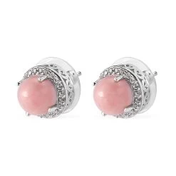 Peruvian Pink Opal And White Zircon Halo Stud Earrings In Platinum Over Sterling Silver 4.10 Ctw -Jewelry store 7637793 3