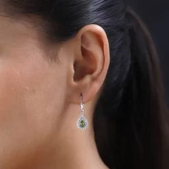 Premium Natural Calabar Green Tourmaline And White Zircon Lever Back Earrings In Platinum Over Sterling Silver 1.50 Ctw -Jewelry store 7639171 2