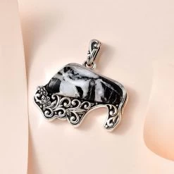 Artisan Crafted White Buffalo Bull Pendant In Sterling Silver 18.30 Ctw