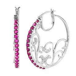 Premium Montepuez Ruby And White Zircon Hoop Earrings In Platinum Over Sterling Silver 3.40 Ctw
