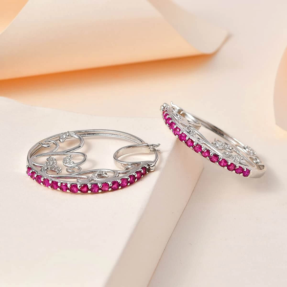 Premium Montepuez Ruby And White Zircon Hoop Earrings In Platinum Over Sterling Silver 3.40 Ctw 4 Premium Montepuez Ruby And White Zircon Hoop Earrings In Platinum Over Sterling Silver 3.40 Ctw - Image 2