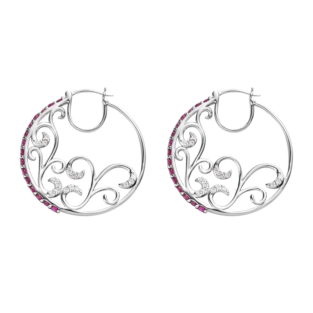 Premium Montepuez Ruby And White Zircon Hoop Earrings In Platinum Over Sterling Silver 3.40 Ctw 6 Premium Montepuez Ruby And White Zircon Hoop Earrings In Platinum Over Sterling Silver 3.40 Ctw - Image 4