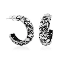 Bali Legacy Sterling Silver Floral Half Hoop Earrings 5.50 Grams