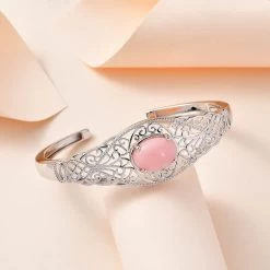 Karis Peruvian Pink Opal Cuff Bracelet In Platinum Bond (6.50 In) 4.75 Ctw (Del. In 3-5 Days) -Jewelry store 7647407 1