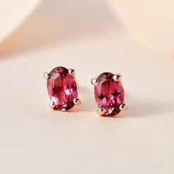 Premium Natural Calabar Pink Tourmaline Solitaire Stud Earrings In Vermeil Rose Gold Over Sterling Silver 0.90 Ctw -Jewelry store 7647915 1