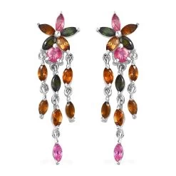Multi-Tourmaline Floral Dangle Earrings In Platinum Over Sterling Silver 2.35 Ctw