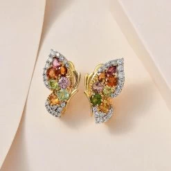 Multi-Tourmaline And White Zircon Butterfly Earrings In Vermeil Yellow Gold Over Sterling Silver 4.10 Ctw -Jewelry store 7648600 1
