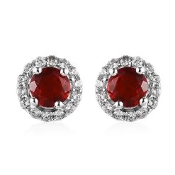 Mexican Cherry Fire Opal And White Zircon Halo Stud Earrings In Platinum Over Sterling Silver 0.70 Ctw