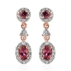 Premium Natural Calabar Pink Tourmaline And White Zircon Dangle Earrings In Vermeil Rose Gold Over Sterling Silver 1.10 Ctw