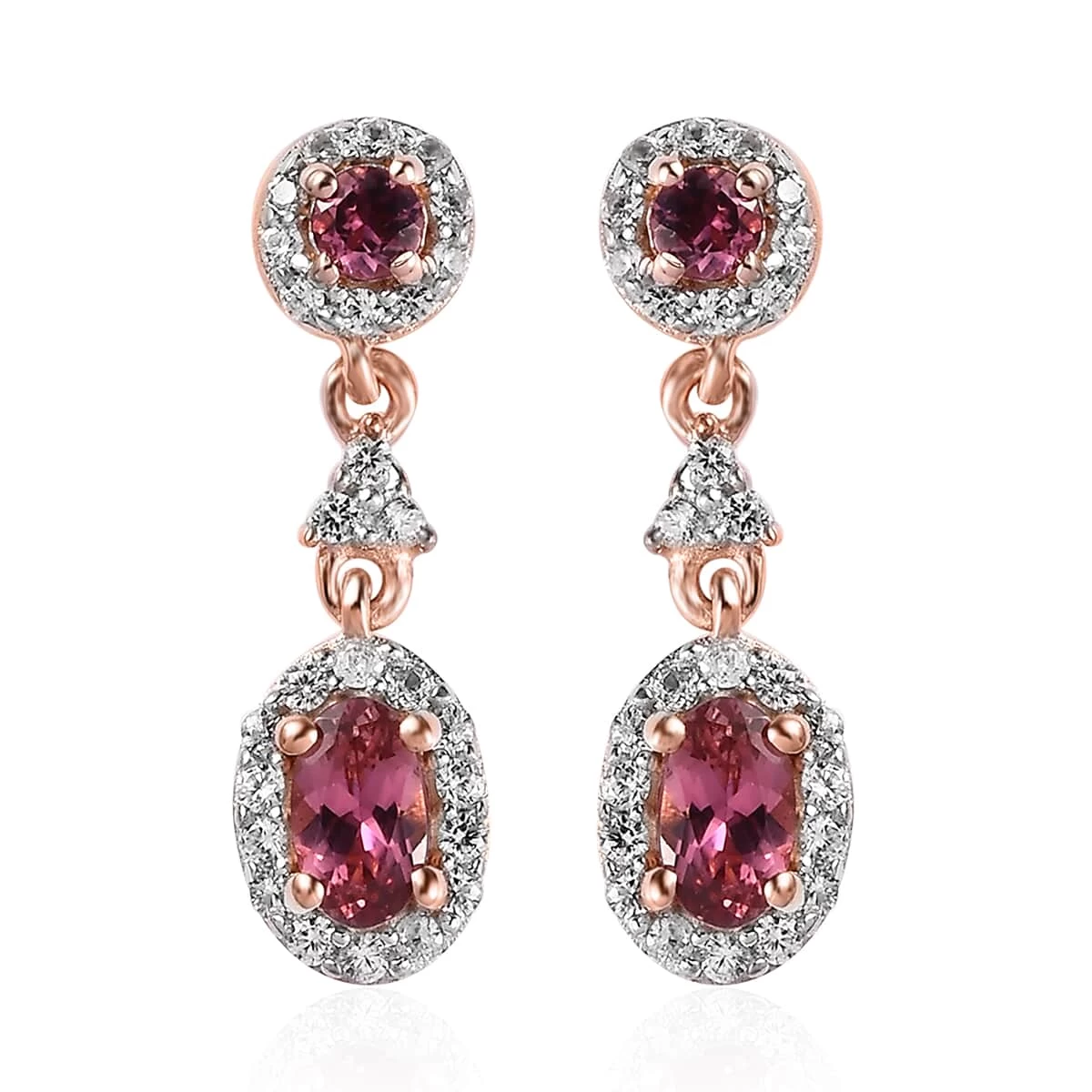 Premium Natural Calabar Pink Tourmaline And White Zircon Dangle Earrings In Vermeil Rose Gold Over Sterling Silver 1.10 Ctw 3 Premium Natural Calabar Pink Tourmaline And White Zircon Dangle Earrings In Vermeil Rose Gold Over Sterling Silver 1.10 Ctw