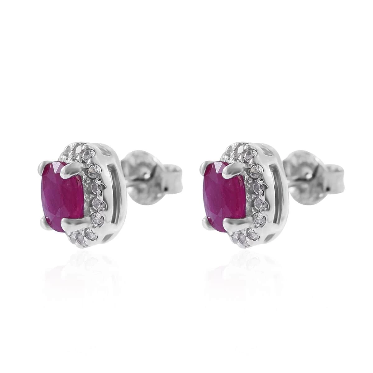 Premium Montepuez Ruby And White Zircon Halo Stud Earrings In Sterling Silver 1.15 Ctw 5 Premium Montepuez Ruby And White Zircon Halo Stud Earrings In Sterling Silver 1.15 Ctw - Image 3