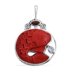 Sajen Silver Simulated Cinnabar And Multi Gemstone Carved Fish Pendant In Sterling Silver 23.40 Ctw