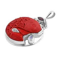 Sajen Silver Simulated Cinnabar And Multi Gemstone Carved Fish Pendant In Sterling Silver 23.40 Ctw -Jewelry store 7656982 3