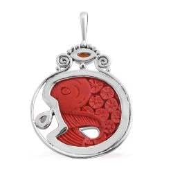 Sajen Silver Simulated Cinnabar And Multi Gemstone Carved Fish Pendant In Sterling Silver 23.40 Ctw -Jewelry store 7656982 4