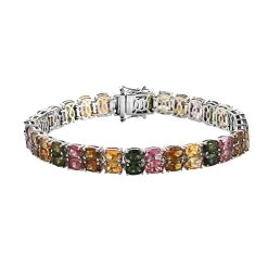 Tourmaline Double Row Bracelet In Platinum Plated Sterling Silver, Multi Tourmaline Bracelet, Silver Tennis, Real Tourmaline Bracelet (7.25 In) 23.20 Ctw