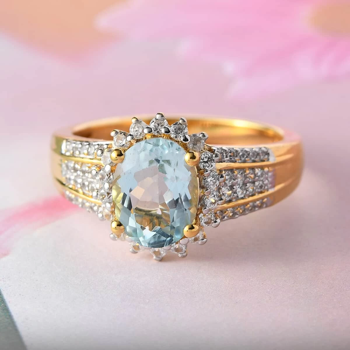 Mangoro Aquamarine And Natural White Zircon Floral Ring In Vermeil Yellow Gold Over Sterling Silver 2.25 Ctw 4 Mangoro Aquamarine And Natural White Zircon Floral Ring In Vermeil Yellow Gold Over Sterling Silver 2.25 Ctw - Image 2