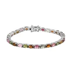 Tourmaline Tennis Bracelet In Platinum Plated Sterling Silver, Multi Tourmaline Bracelet, Silver Tennis, Real Tourmaline Bracelet (7.25 In) 11.60 Ctw