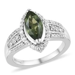 Bohemian Moldavite And Natural White Zircon Ring In Platinum Over Sterling Silver 1.40 Ctw