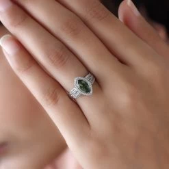 Bohemian Moldavite And Natural White Zircon Ring In Platinum Over Sterling Silver 1.40 Ctw -Jewelry store 8835469 2