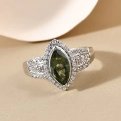 Bohemian Moldavite And Natural White Zircon Ring In Platinum Over Sterling Silver 1.40 Ctw -Jewelry store 8835469 3