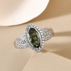 Bohemian Moldavite And Natural White Zircon Ring In Platinum Over Sterling Silver 1.40 Ctw -Jewelry store 8835469 4