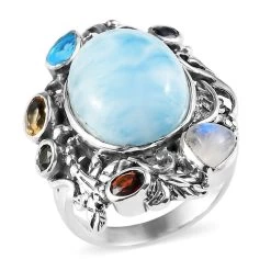 Artisan Crafted Larimar And Multi Gemstone Fancy Ring In Sterling Silver 7.40 Grams 11.15 Ctw