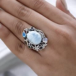Artisan Crafted Larimar And Multi Gemstone Fancy Ring In Sterling Silver 7.40 Grams 11.15 Ctw -Jewelry store 8853822 2