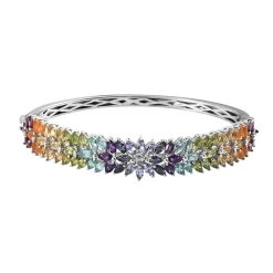 Multi Gemstone Floral Spray Bangle Bracelet In Platinum Over Sterling Silver (7.25 In) 22.40 Grams 11.30 Ctw