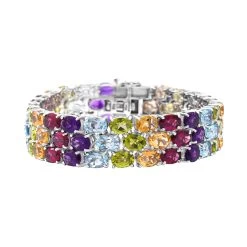 Multi Gemstone Multi Row Tennis Bracelet For Women In Platinum Over Sterling Silver,Statement Jewelry For Wedding 6.50 Inches 51.40 Ctw