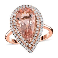 Certified & Appraised ILIANA 18K Rose Gold AAA Marropino Morganite And G-H SI Diamond Double Halo Ring 4.68 Grams 3.80 Ctw
