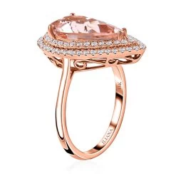 Certified & Appraised ILIANA 18K Rose Gold AAA Marropino Morganite And G-H SI Diamond Double Halo Ring 4.68 Grams 3.80 Ctw -Jewelry store 8864847 3