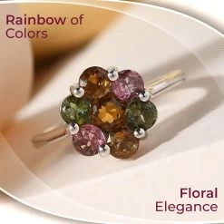 Multi-Tourmaline Ring, Pressure Set Tourmaline Ring, Tourmaline Floral Ring, Platinum Over Sterling Silver Ring 1.35 Ctw -Jewelry store 8865293 1