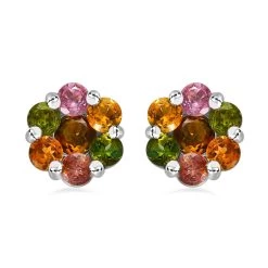 Pressure Set Multi-Tourmaline Floral Stud Earrings In Platinum Over Sterling Silver 1.75 Ctw