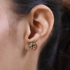 Pressure Set Multi-Tourmaline Floral Stud Earrings In Platinum Over Sterling Silver 1.75 Ctw -Jewelry store 8865303 2
