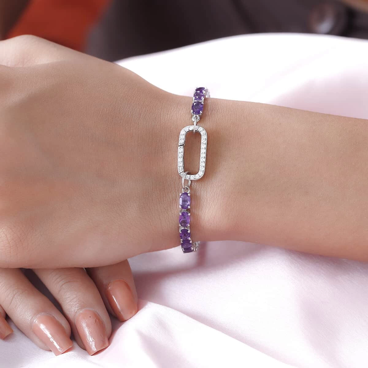 Amethyst And Natural White Zircon Bracelet In Platinum Over Sterling Silver (7.25 In) 9.65 Grams 11.65 Ctw 4 Amethyst And Natural White Zircon Bracelet In Platinum Over Sterling Silver (7.25 In) 9.65 Grams 11.65 Ctw - Image 2