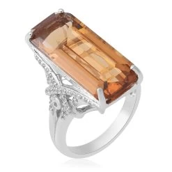 Strap Cut Brazilian Citrine And White Zircon Elongated Ring In Platinum Over Sterling Silver 9 Grams 15.20 Ctw -Jewelry store 8896532 2