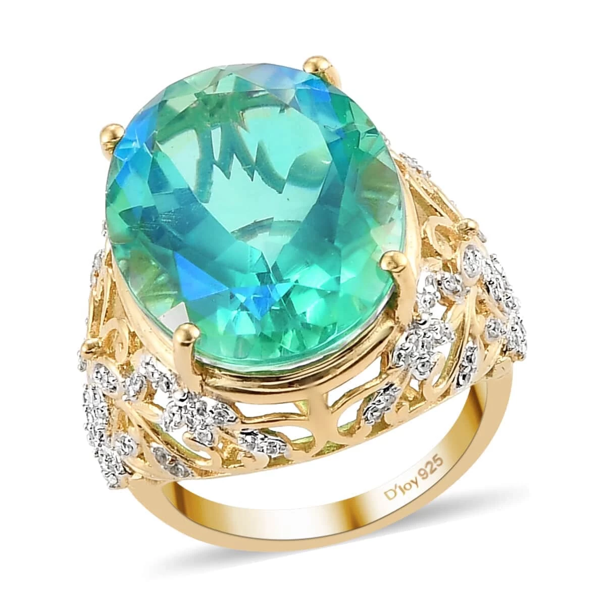 Peacock Quartz (Triplet) And Natural White Zircon Ring In Vermeil Yellow Gold Over Sterling Silver 16.75 Ctw 3 Peacock Quartz (Triplet) And Natural White Zircon Ring In Vermeil Yellow Gold Over Sterling Silver 16.75 Ctw