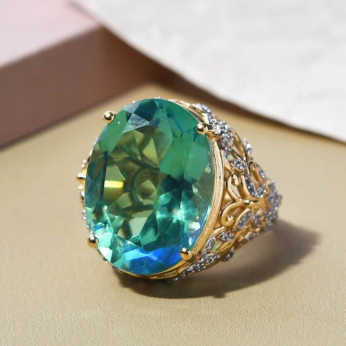 Peacock Quartz (Triplet) And Natural White Zircon Ring In Vermeil Yellow Gold Over Sterling Silver 16.75 Ctw 4 Peacock Quartz (Triplet) And Natural White Zircon Ring In Vermeil Yellow Gold Over Sterling Silver 16.75 Ctw - Image 2