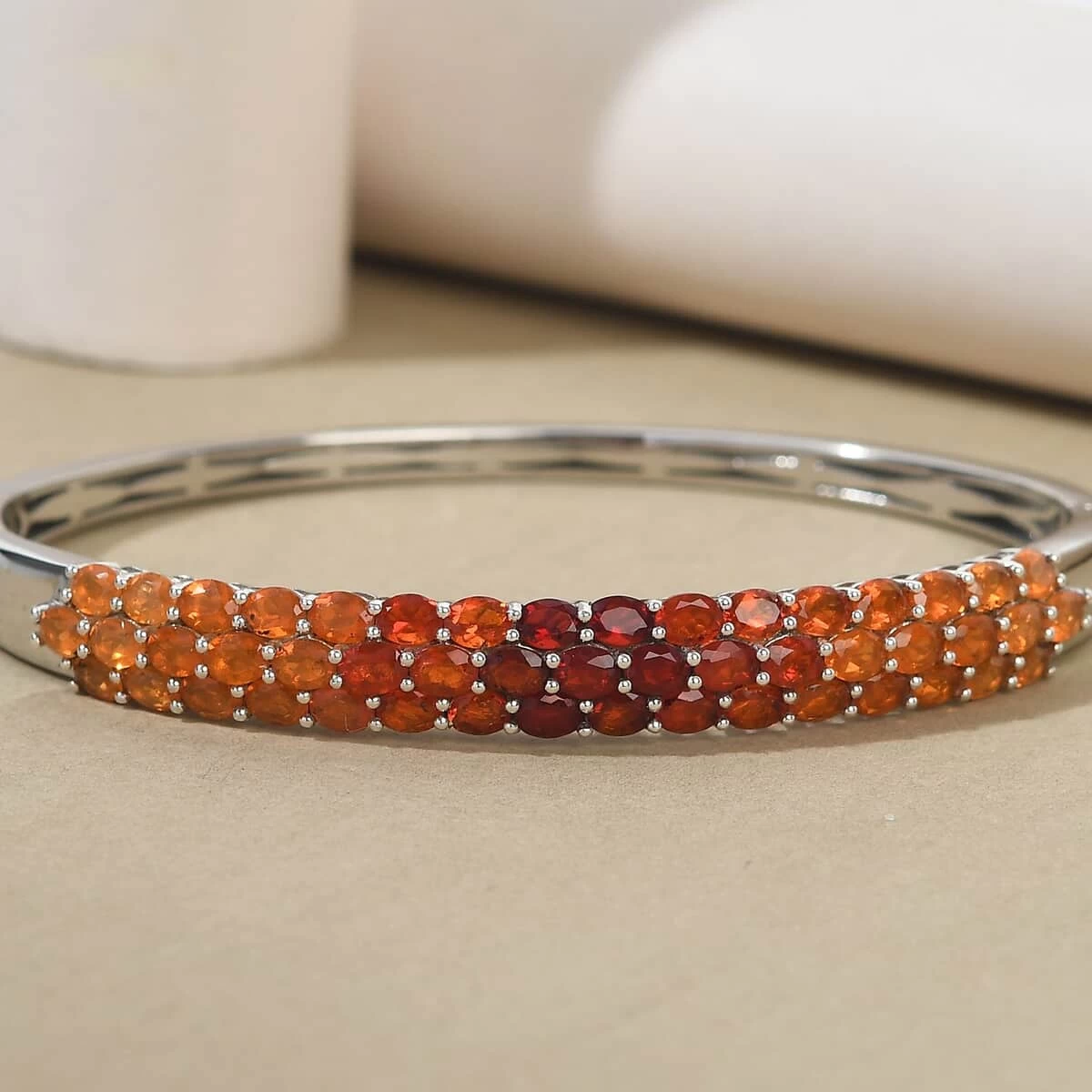 Shades Of Fire Opal Bangle Bracelet In Platinum Over Sterling Silver (7.25 In) 5.85 Ctw 4 Shades Of Fire Opal Bangle Bracelet In Platinum Over Sterling Silver (7.25 In) 5.85 Ctw - Image 2