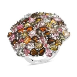 Multi-Tourmaline Floral Ring, Multi Tourmaline Ring, Floral Cluster Ring, Platinum Over Sterling Silver Ring 11.50 Ctw