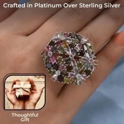 Multi-Tourmaline Floral Ring, Multi Tourmaline Ring, Floral Cluster Ring, Platinum Over Sterling Silver Ring 11.50 Ctw -Jewelry store 8908879 2