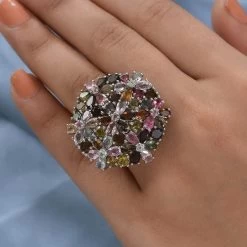 Multi-Tourmaline Floral Ring, Multi Tourmaline Ring, Floral Cluster Ring, Platinum Over Sterling Silver Ring 11.50 Ctw -Jewelry store 8908879 5