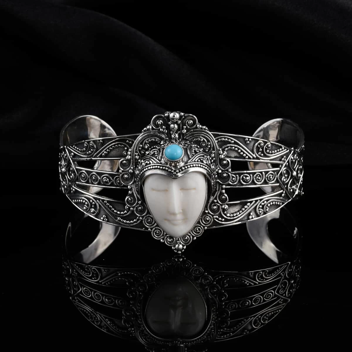 DOORBUSTER BALI GODDESS Carved Bone, Natural Arizona Sleeping Beauty Turquoise Cuff Bracelet In Sterling Silver (7.25 In) (39.55 G) 0.65 Ctw 4 DOORBUSTER BALI GODDESS Carved Bone, Natural Arizona Sleeping Beauty Turquoise Cuff Bracelet In Sterling Silver (7.25 In) (39.55 G) 0.65 Ctw - Image 2