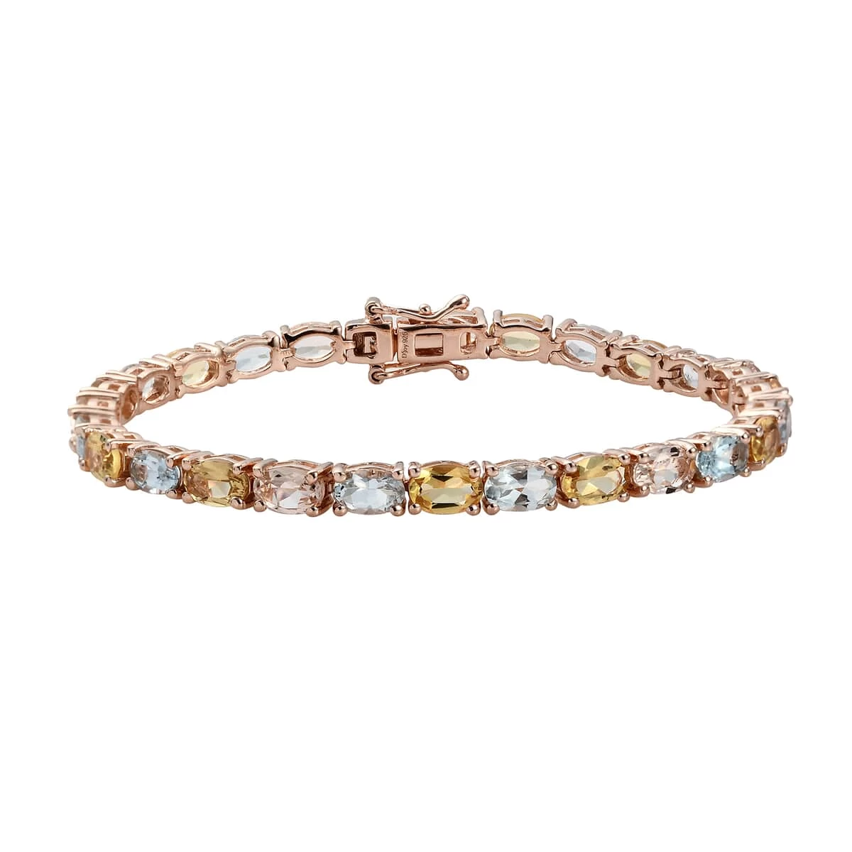 Premium Marropino Morganite, Yellow Beryl And Espirito Santo Aquamarine Bracelet In Vermeil Rose Gold Over Sterling Silver (6.50 In) 9.60 Grams 10.35 Ctw 3 Premium Marropino Morganite, Yellow Beryl And Espirito Santo Aquamarine Bracelet In Vermeil Rose Gold Over Sterling Silver (6.50 In) 9.60 Grams 10.35 Ctw