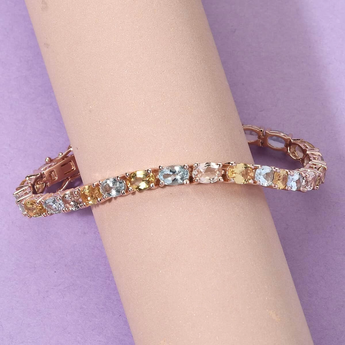 Premium Marropino Morganite, Yellow Beryl And Espirito Santo Aquamarine Bracelet In Vermeil Rose Gold Over Sterling Silver (6.50 In) 9.60 Grams 10.35 Ctw 4 Premium Marropino Morganite, Yellow Beryl And Espirito Santo Aquamarine Bracelet In Vermeil Rose Gold Over Sterling Silver (6.50 In) 9.60 Grams 10.35 Ctw - Image 2