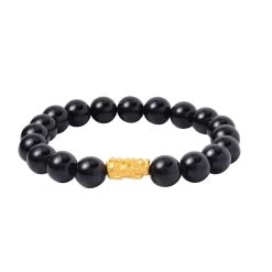 24K Yellow Gold AAAA Black Tourmaline Beaded Stretch Feng Shui Pi Xiu Bracelet 158.50 Ctw